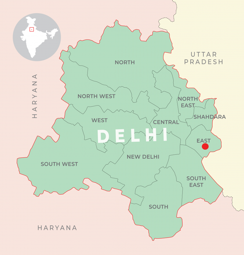 A map showing the districts of Delhi in northern India, including the East district, which is surrounded by the districts of Shahdara, Central and South East. Delhi is surrounded by the states of Haryana to the west and south, and Uttar Pradesh to the east.