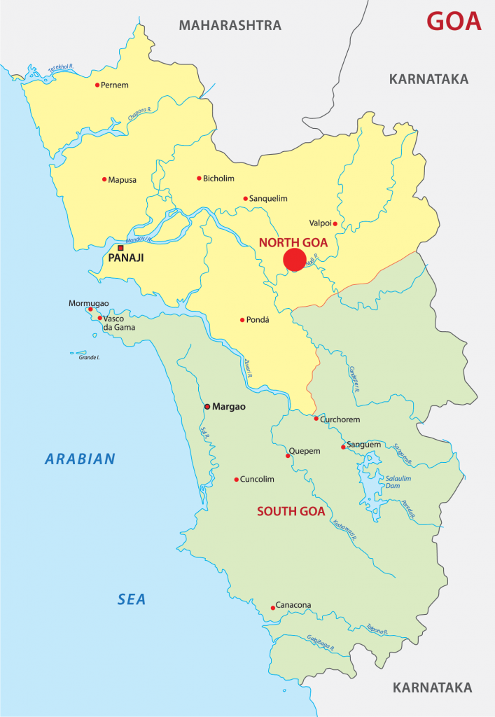 A map showing the two districts of Goa – North Goa and South Goa – on the west coast of India. Goa is bordered to the north by the state of Maharashtra and to the east and south by Karnataka.