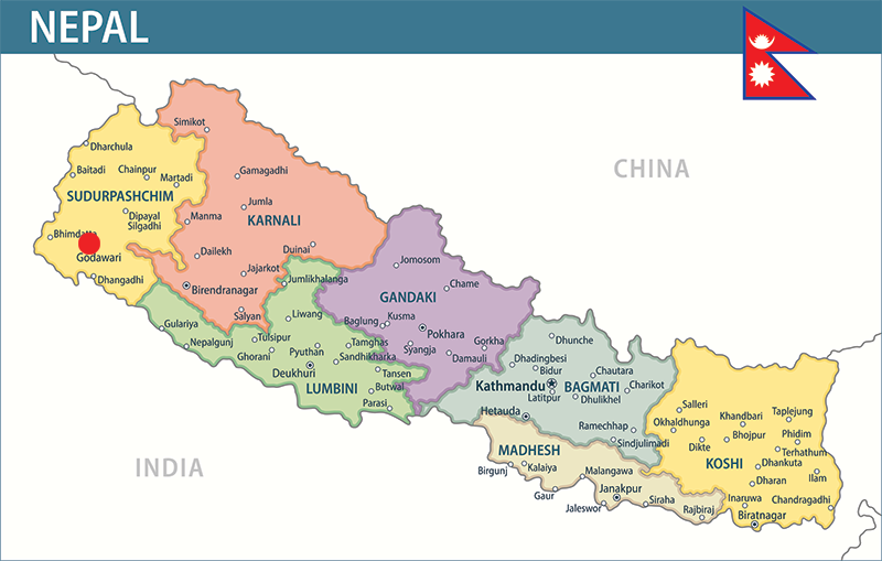A map showing the provinces of Nepal, including Bagmati, where Godawari is located. Bagmati is in eastern Nepal and is bounded by the provinces of Gandaki to the west, Madhesh to the south and Koshi to the east.