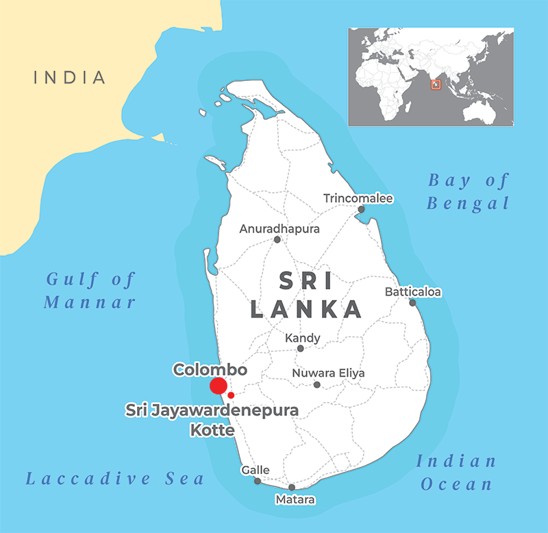 A map showing the island nation of Sri Lanka off the south-east coast of India. Colombo is located on Sri Lanka's west coast.